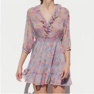 Zara Floral Ruffle Mini Dress Blue Pink Boho Smocked Waist Flowy